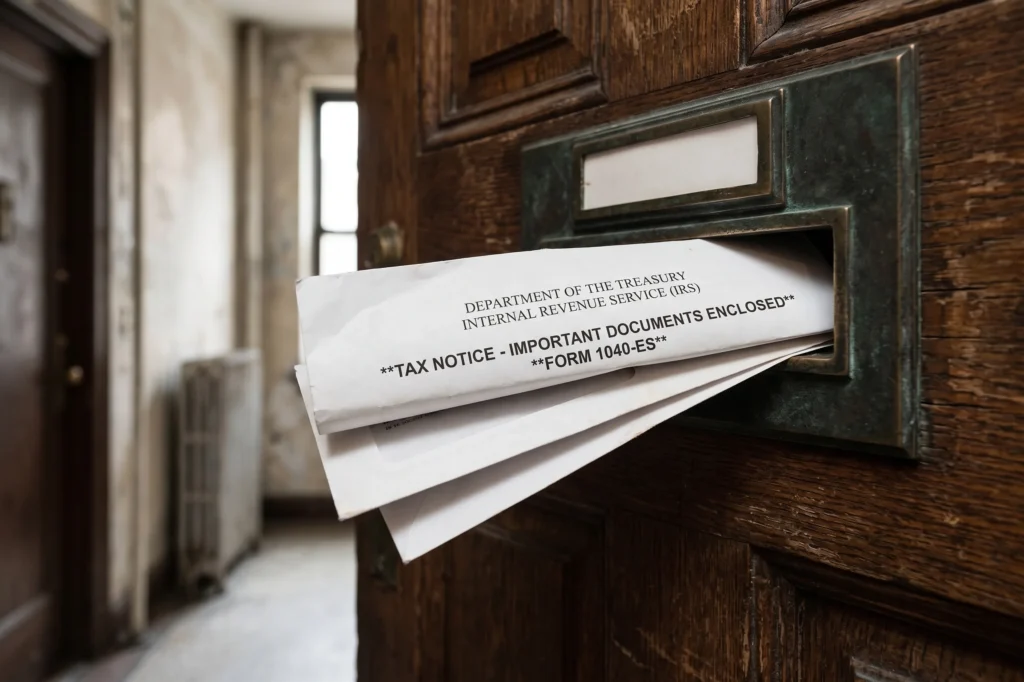 IRS letter or notice delivered through a wooden front door mail slot
