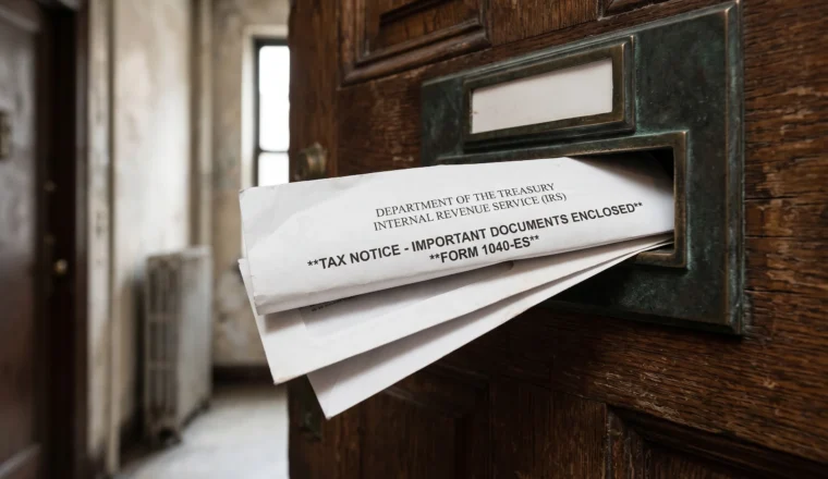 IRS letter or notice delivered through a wooden front door mail slot