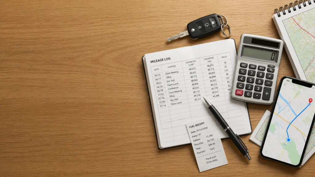 Mileage logbook, car key and calculator representing the 2026 standard mileage rates