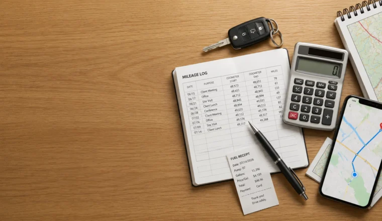 Mileage logbook, car key and calculator representing the 2026 standard mileage rates