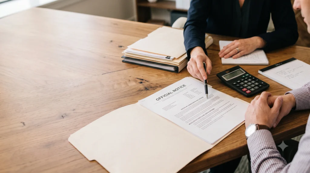 Taxpayer and accountant reviewing an IRS penalty notice and possible automatic penalty relief